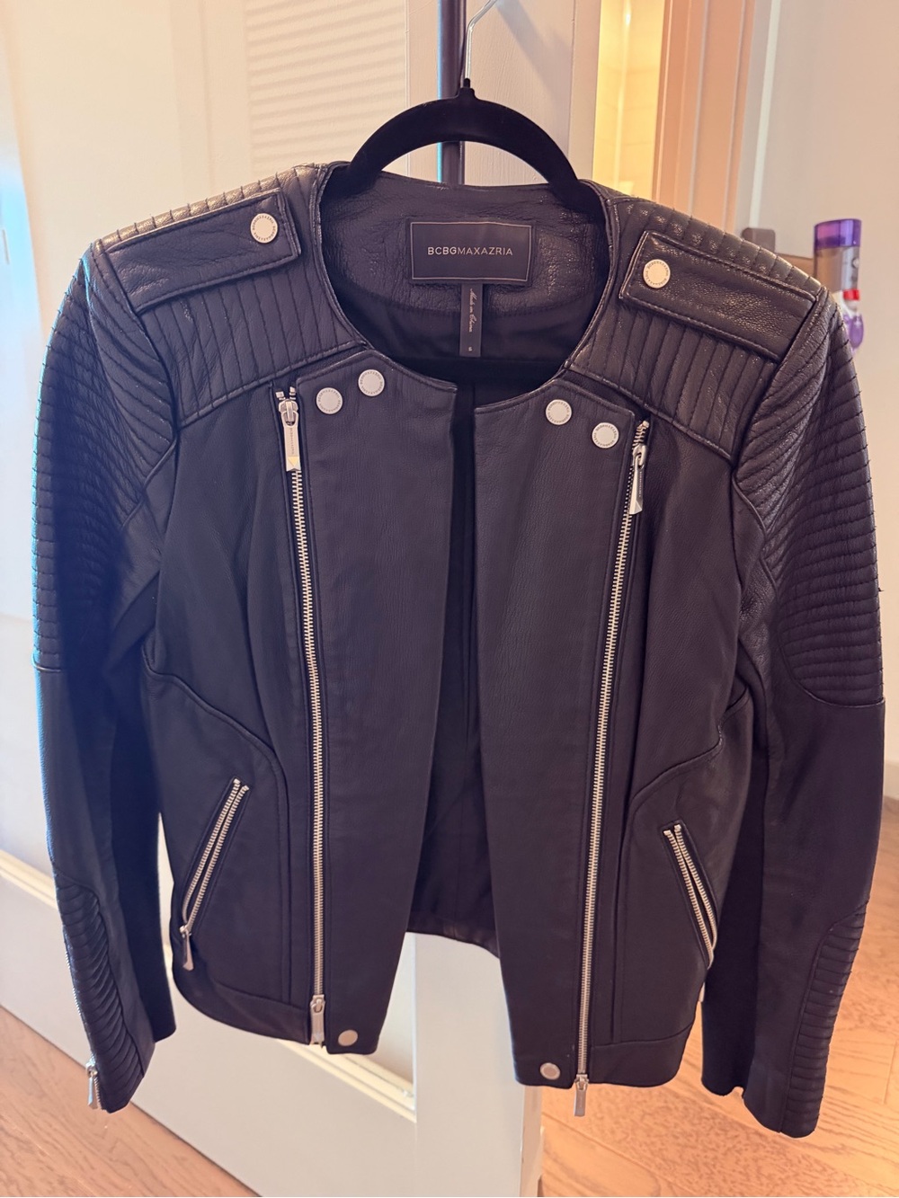 BCBGMaxAzria Black Quilted-Shoulder Moto Leather Jacket